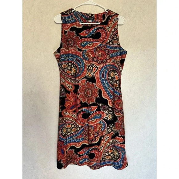 TOMMY HILFIGER Colorful Red Black Paisley Print Slinky Shift Dress Sz 10 Fairy - Picture 3 of 8